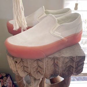 Vans Slip on, suede, white, pink platform souls